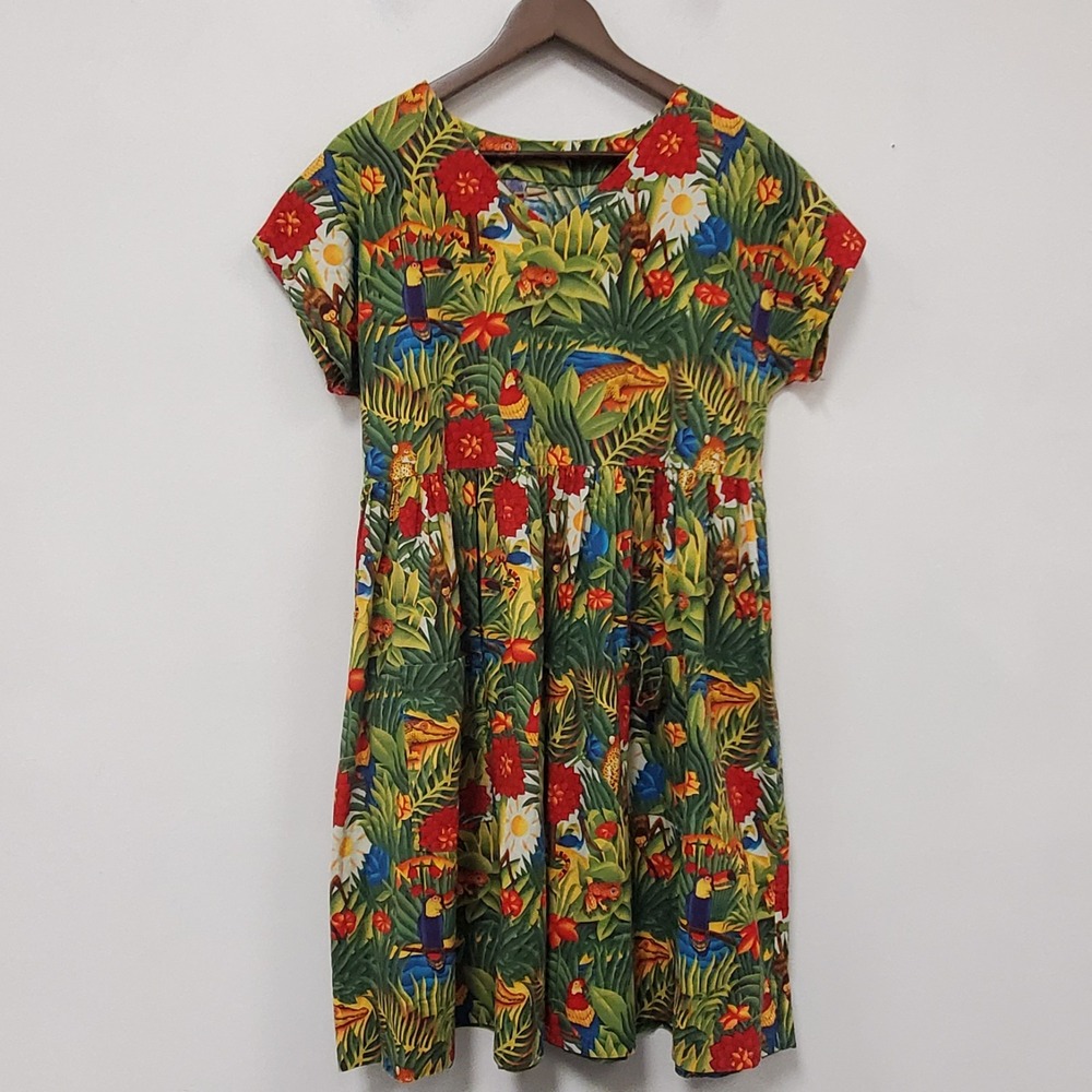 Handmade Womens Short Sleeeve 90S Tropical Dress Size XL Knee Length Vacation